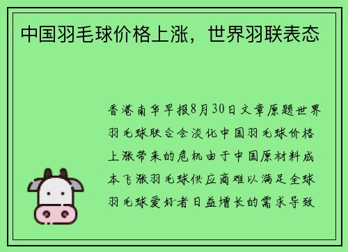 中国羽毛球价格上涨，世界羽联表态